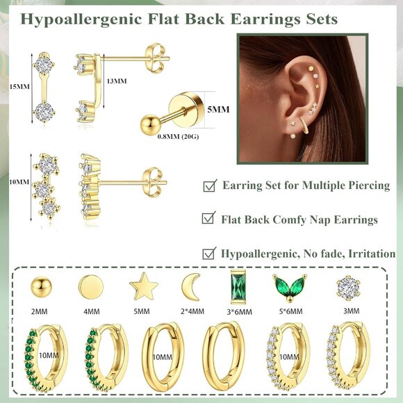 Dainty Gold Flat Back Hypoallergenic Cartilage Earring Sets for Multiple Piercin - Picture 4 of 6